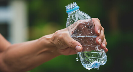 Hand holding water bottle with condensation droplets during hot weather. Hydration importance and cooling drinks for heat prevention and summer health maintenance
