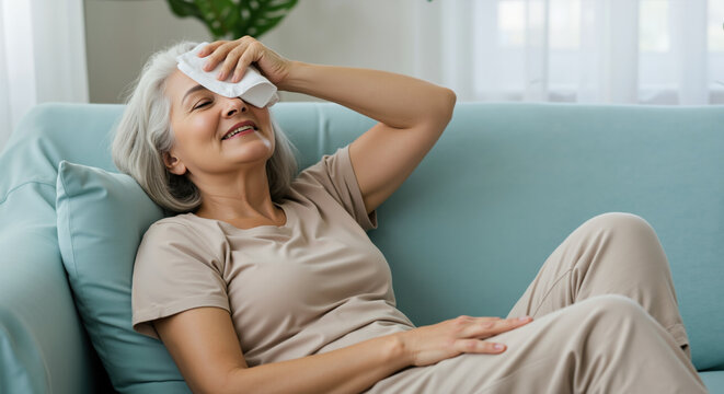 Woman lying on sofa with cold compress on forehead during hot weather. Heat exhaustion relief and cooling treatment for summer comfort