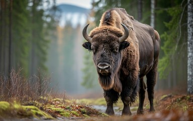 Majestic Bison Stands in Forest, Direct Gaze, Detailed Fur, Horns, and Autumnal Setting.