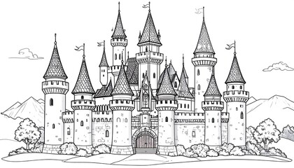 Black and white castle drawing