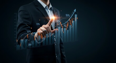 Businessman touching a digital screen with financial charts and growth indicators showing positive market trends and investment success