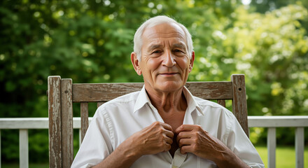 Elderly man adjusting shirt collar while sitting on wooden bench outdoors. Heat discomfort and clothing adjustment for summer comfort and overheating relief