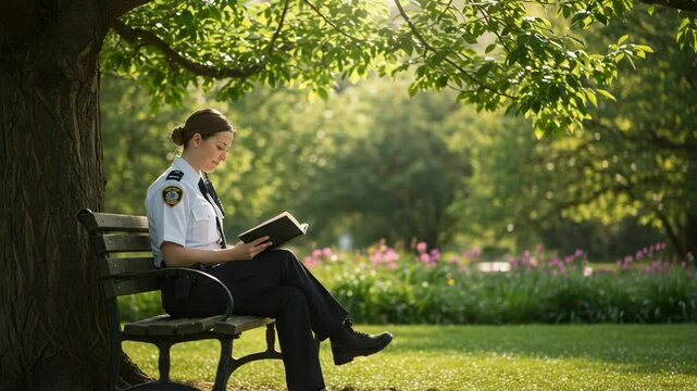 A young female officer in uniform takes a peaceful break, reading a book while sitting on a park bench under a tree in a sunlit park.