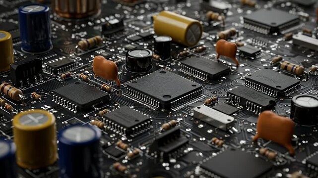 Dark electronic circuit board with microchips and components in close-up
