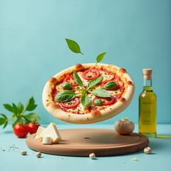 Creative idea of pizza levitation kit: pizza, pizza slice, cheese, basil, tomatoes, champignons, olive oil in bottle, on wooden stand on plain light blue background