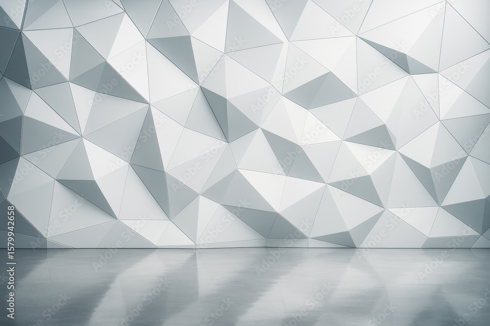 Poster geometric abstract wall background with light grey polygonal shapes and glossy floor reflection in m
