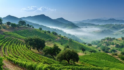 Misty vineyard hills, terraced landscape