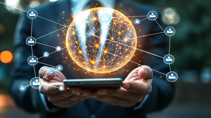 Businessman holding smartphone with glowing digital globe and network connections in outdoor setting - Powered by Adobe