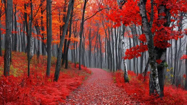 Misty autumn path through vibrant red forest