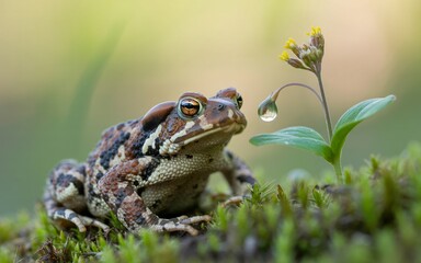Fototapeta premium Close-up of a Toad with a Water Droplet on a Delicate Flower
