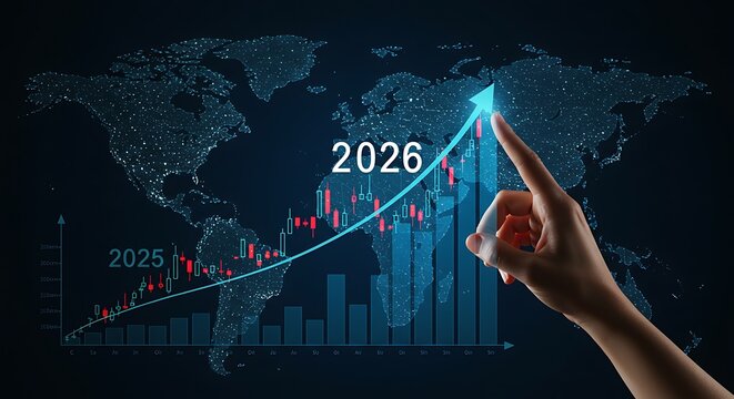 Global Economic Growth Projection for 2026 with Rising Stock Market and a Hand Pointing to the Future
