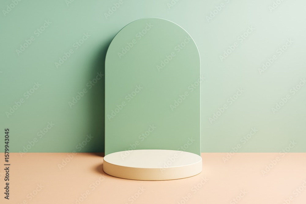 Poster minimal pastel background with round podium and arched panel for product mockup or branding presenta