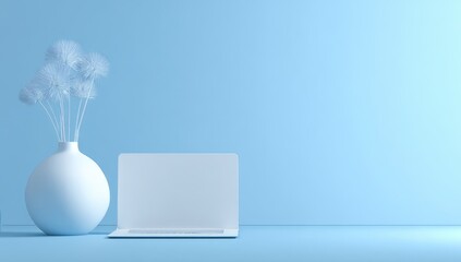 Light blue minimalist scene with laptop and vase