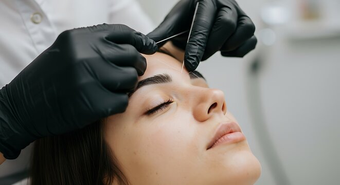 A woman getting her eyebrows shaped at a salon using threading technique, closeup of face and hands in action, clean and focused atmosphere, 