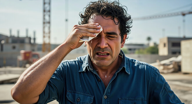 Man with hand on forehead showing heat exhaustion symptoms during hot weather. Summer heat stress and health awareness for temperature safety