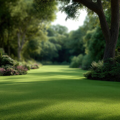 Fototapeta premium Lush green lawn with sunlight filtering through tall trees, peaceful garden landscape, vibrant grass, serene outdoor nature scene