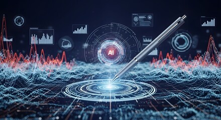 Silver pen interacts with digital data, showcasing artificial intelligence and future technology with visual interface elements and futuristic design.