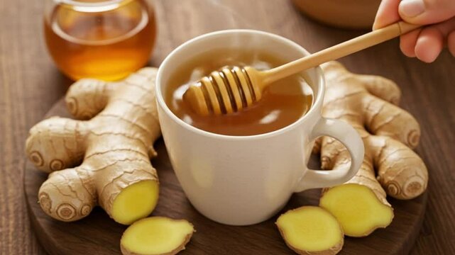 Close up of ginger root with a cup of tea and honey dipper on a wooden surface with steam rising up