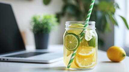 Fototapeta premium Refreshing citrus infused water in a mason jar on a desk