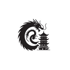 Dragon Curled Around Tower Silhouette on White Background – Vector Illustration for Fantasy Architecture, Mythical Creatures, and Epic Storytelling Concepts