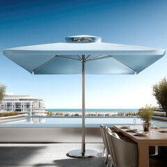 Obraz premium Modern blue outdoor umbrella, stainless steel pole, poolside dining, ocean view, sunny day, contemporary style, relaxing atmosphere