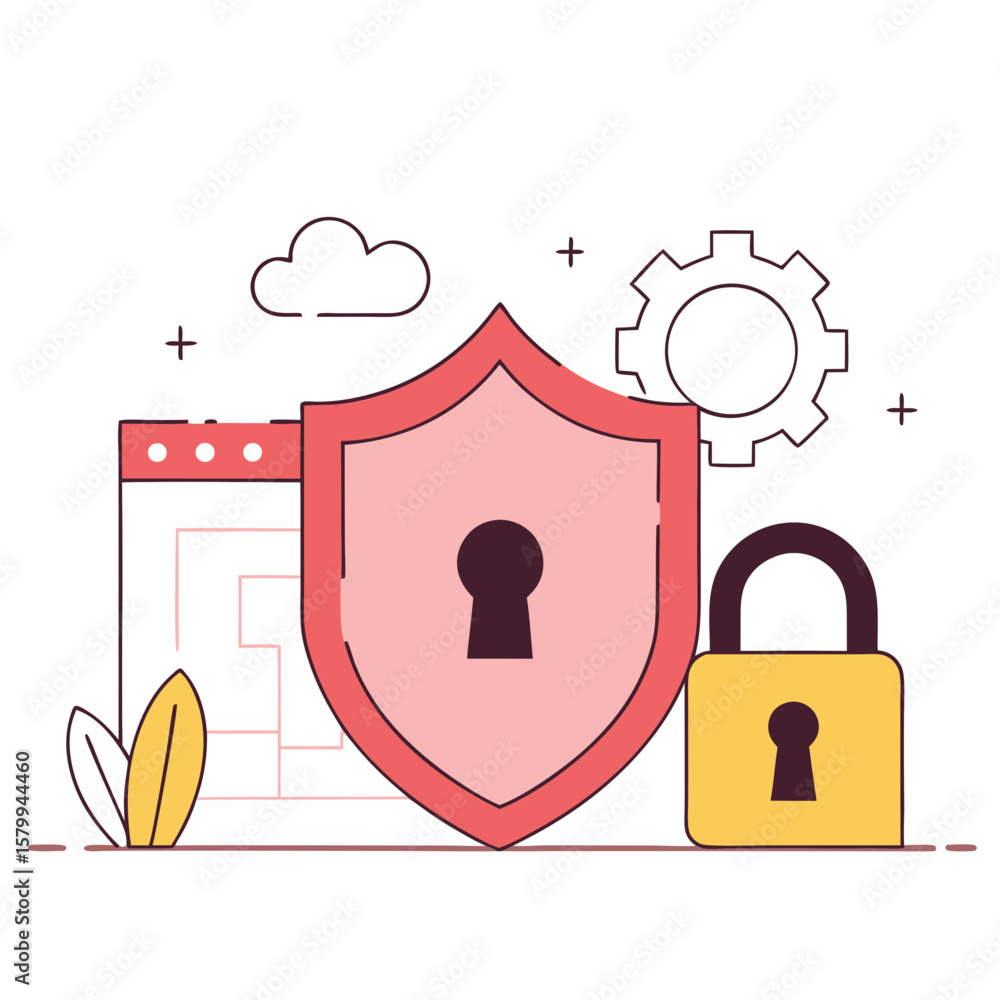 Poster shield and padlock secure website data with cybersecurity protection illustration