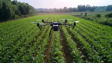 Agricultural drones surveying a field.