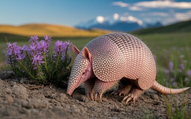 Armadillo Foraging Near Purple Flowers with Distant Mountain Backdrop