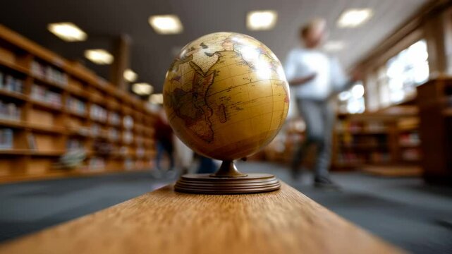 Vintage globe on wooden table in library with children walking, creating lively education atmosphere full of curiosity and back to school exploration
