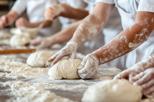 A team of bakers kneading dough together in a bakery kitchen