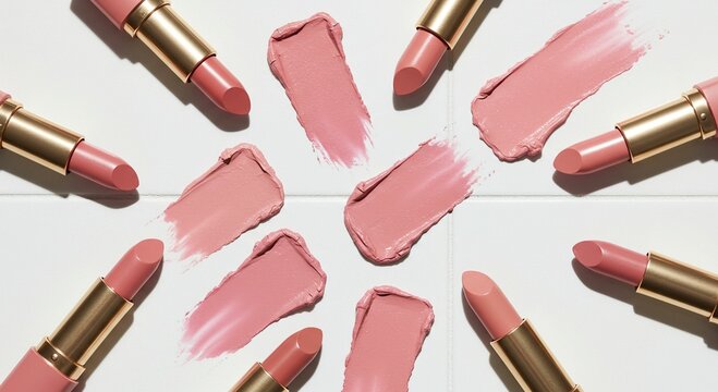 Variety of pink lipsticks on white background