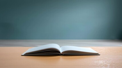 Open book on wooden desk with blurred person walking in background creating calm back to school atmosphere full of learning and movement - Powered by Adobe