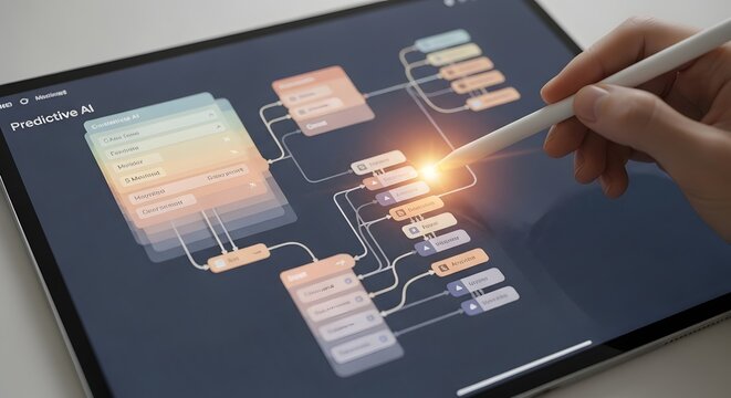 Person designs predictive artificial intelligence diagram on tablet using digital pen for tech solutions and automation.