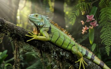 Majestic Green Iguana Perched on Mossy Branch with Orchid and Ferns