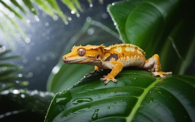 Fototapeta premium Crested Gecko on Dewy Leaf: A Vibrant Portrait of Reptilian Beauty