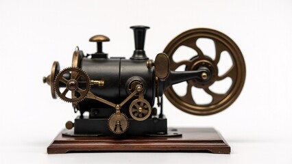Antique Steam Engine Model on White