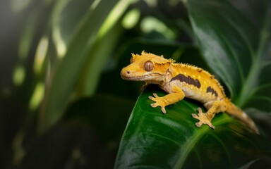 Obraz premium Crested Gecko Perched on Leaf, Detailed Portrait with Yellow and Black Markings