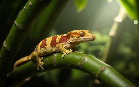 Crested gecko resting on a vibrant green bamboo branch in a lush environment