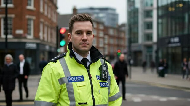 Police. Portrait of a serious young Caucasian male police officer in a high-visibility uniform standing on a city street. Law enforcement professional on duty.