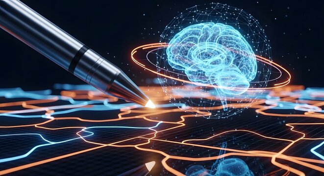 Futuristic technology illustration with a digital brain and augmented reality pen, exploring AI advancements and innovation.