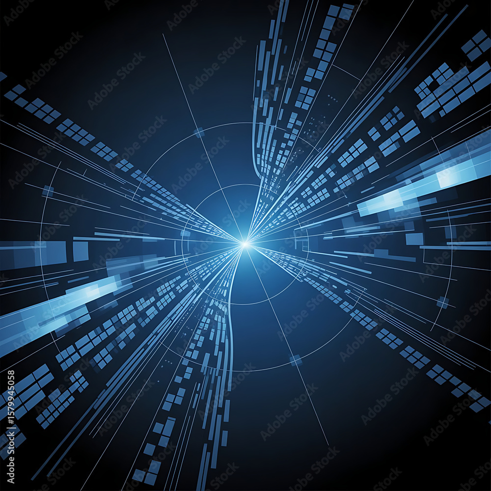 Poster abstract technological design with a futuristic blue background, flowing lines, and digital wave pat
