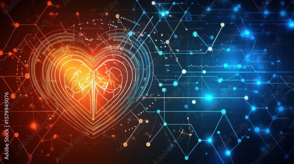 Poster heart connection with digital network, abstract circuit design technology