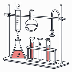 Illustrated science equipment setup featuring various test tubes and flasks with red liquid, ideal for educational designs.