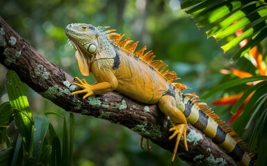 Obraz premium Golden Iguana basking on a lichen-covered branch in lush tropical foliage