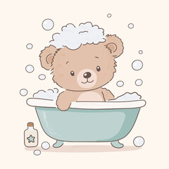 Cute Teddy Bear Enjoying a Bubbly Bath in a Vintage-Style Bathtub. Vector Illustration