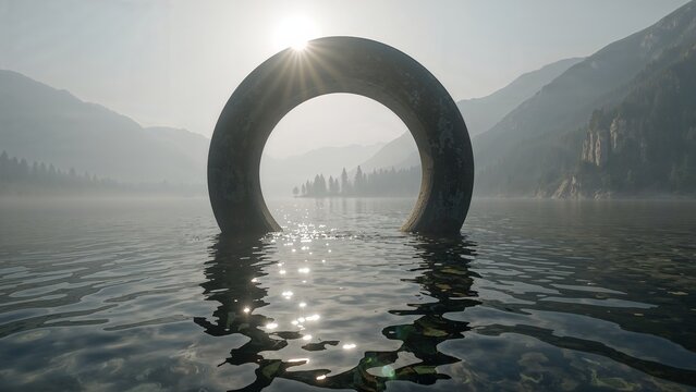 Mystical Sunrise Over Circular Stone Arch in Lake Landscape. Vivid sunrise over a unique circular stone arch, set against the serene backdrop of a tranquil lake. This enchanting scene captures the bea