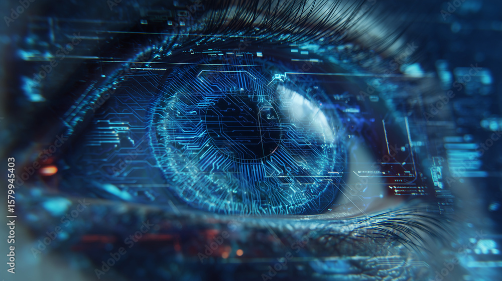 Poster futuristic machine vision concept: a digital android eye composed of circuitry and data streams that