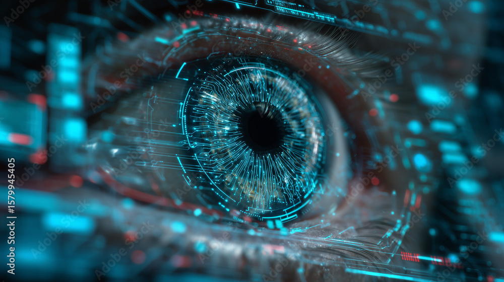 Poster futuristic machine vision concept: a digital android eye composed of circuitry and data streams that
