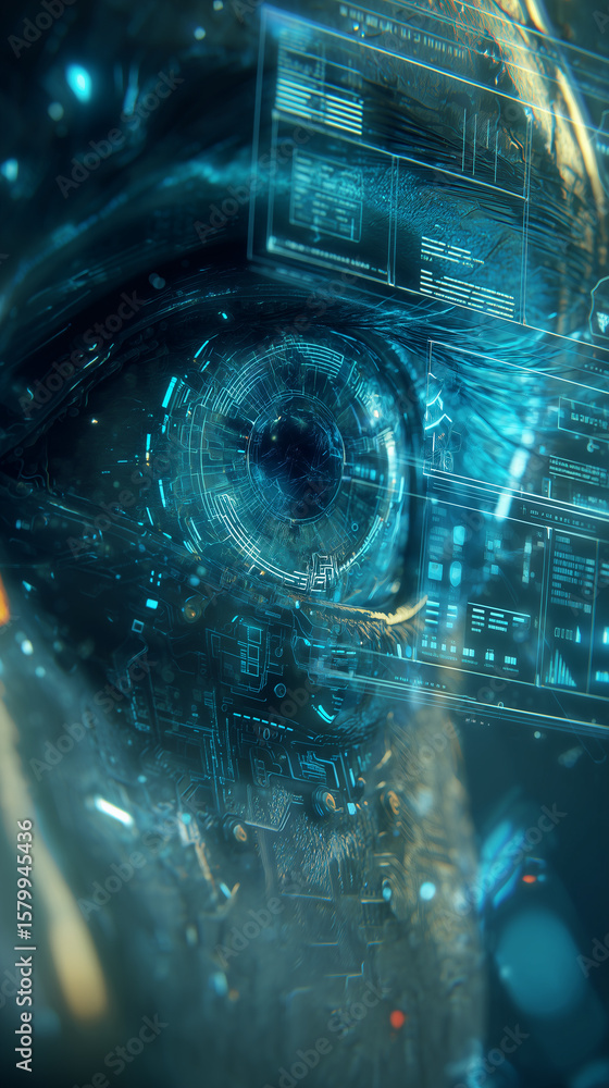 Poster futuristic machine vision concept: a digital android eye composed of circuitry and data streams that
