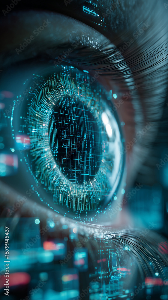 Poster futuristic machine vision concept: a digital android eye composed of circuitry and data streams that